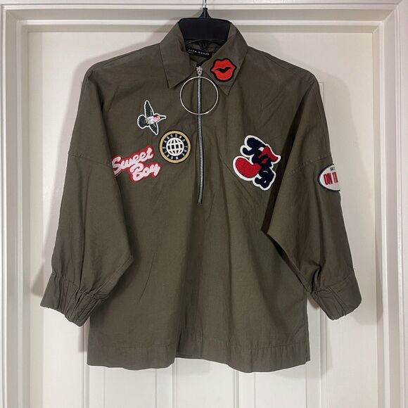 Zara Cropped Jacket Womens Size XS Green Pullover Half Zip 3/4 Sleeve Patches - Picture 3 of 8